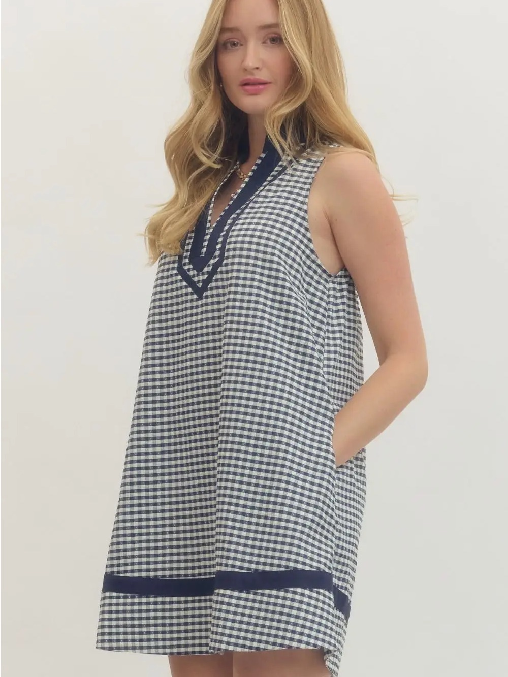 Entro Navy & White Gingham Notch V-Neck Shift Dress